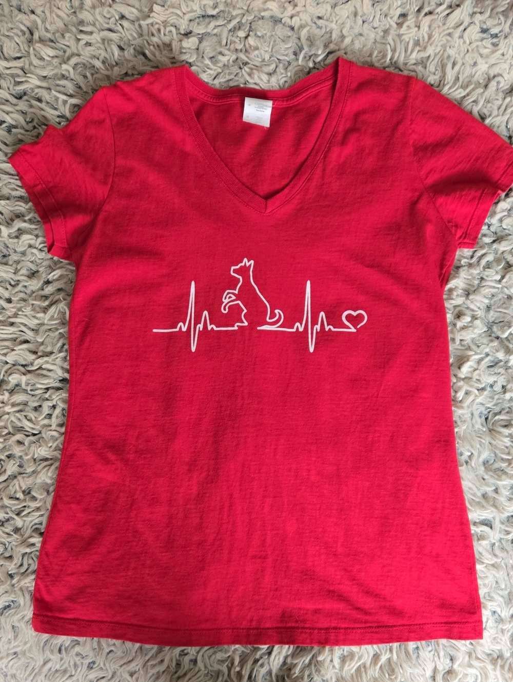 Source Unknown Bright Red V-Neck Tee with White Dog Heartbeat Graphic